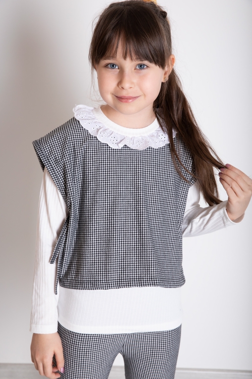 Siyah Ekose Desenli Süveterli Pantolonlu Kız Çocuk Badili 3lü Takım 20371