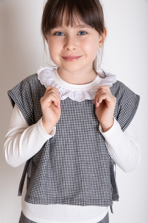 Siyah Ekose Desenli Süveterli Pantolonlu Kız Çocuk Badili 3lü Takım 20371