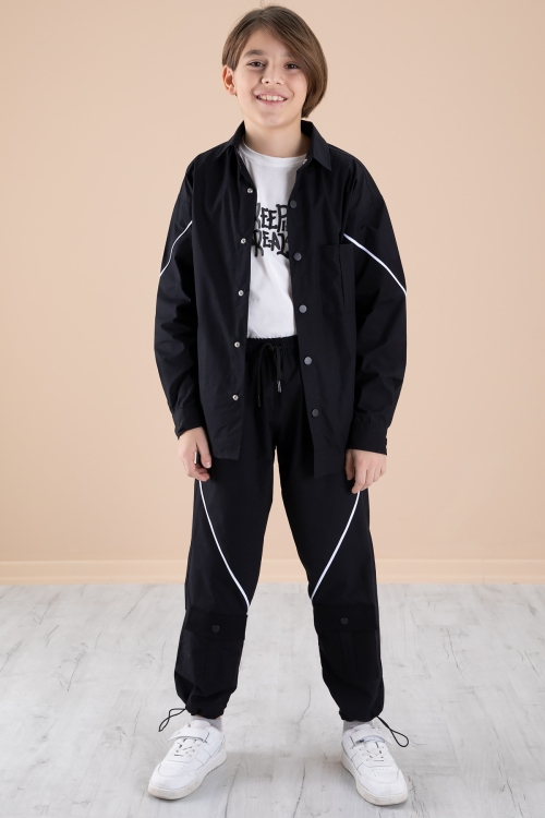 Siyah Erkek Çocuk 3lü Takım Tişört Gömlek Pantolon 20229