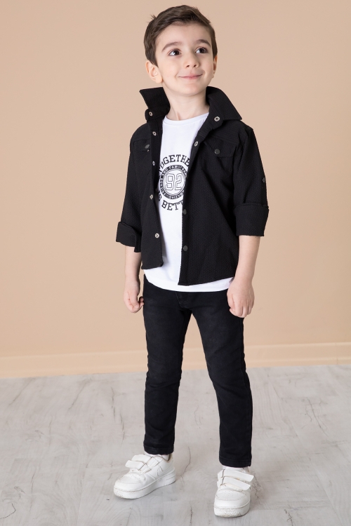 Siyah Erkek Çocuk Çıtçıtlı Gömlekli Pantolonlu 3lü Alt Üst Takım 20260