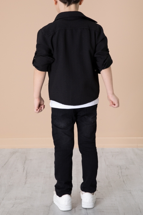 Siyah Erkek Çocuk Çıtçıtlı Gömlekli Pantolonlu 3lü Alt Üst Takım 20260