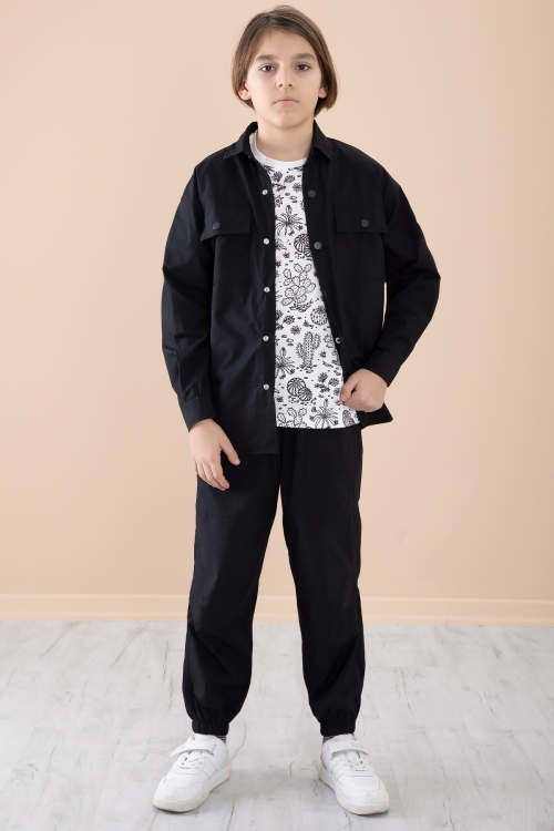 Siyah Erkek Çocuk Gögüs Cepli 3lü Takım 20349