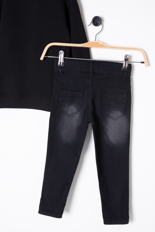 Siyah Fermuar Yakalı Sweatshirt ve Jean Pantolonlu Erkek Çocuk Takım 20107
