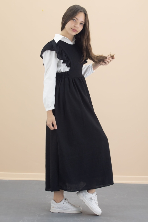 Siyah Fırfır Detaylı Uzun Kol Gömlekli Kız Çocuk Uzun Kesim Elbise 20554