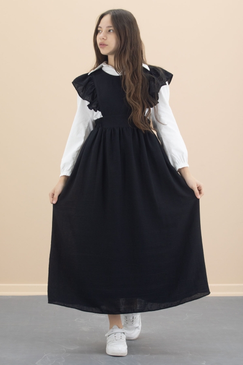 Siyah Fırfır Detaylı Uzun Kol Gömlekli Kız Çocuk Uzun Kesim Elbise 20554