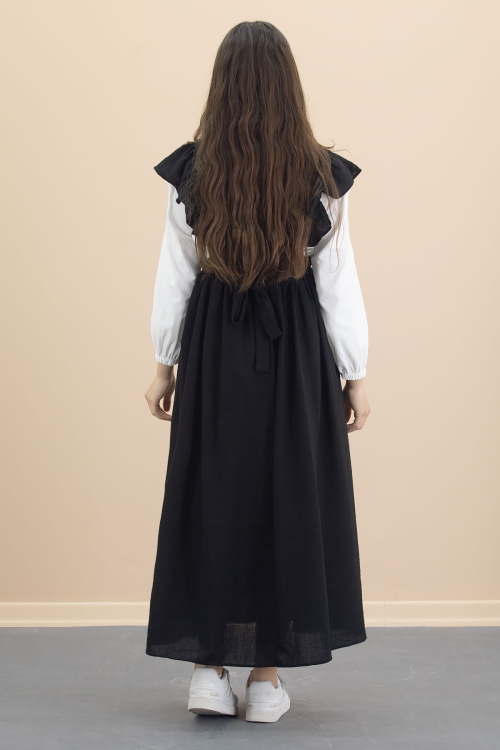 Siyah Fırfır Detaylı Uzun Kol Gömlekli Kız Çocuk Uzun Kesim Elbise 20554