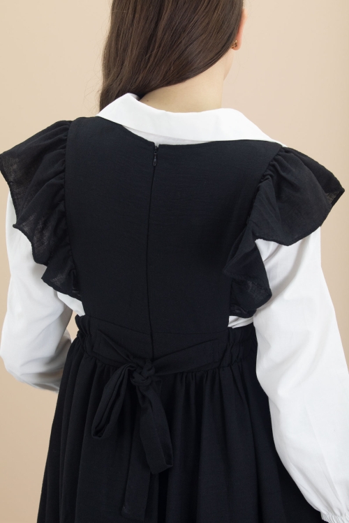 Siyah Fırfır Detaylı Uzun Kol Gömlekli Kız Çocuk Uzun Kesim Elbise 20554