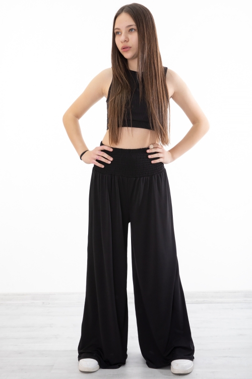 Siyah Fitilli Croplu Kız Çocuk Geniş Kesim Pantolonlu Takım 20380