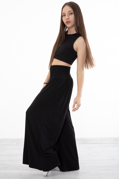 Siyah Fitilli Croplu Kız Çocuk Geniş Kesim Pantolonlu Takım 20380