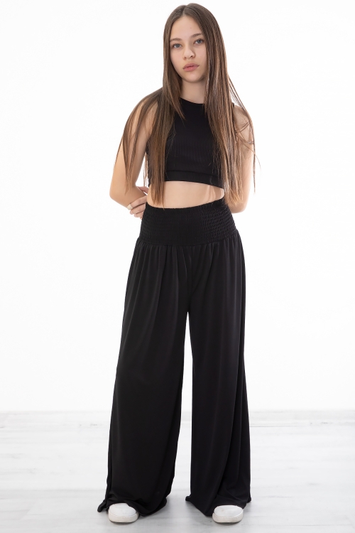 Siyah Fitilli Croplu Kız Çocuk Geniş Kesim Pantolonlu Takım 20380