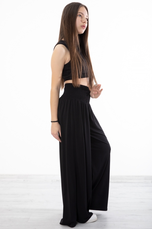 Siyah Fitilli Croplu Kız Çocuk Geniş Kesim Pantolonlu Takım 20380