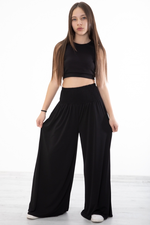 Siyah Fitilli Croplu Kız Çocuk Geniş Kesim Pantolonlu Takım 20380