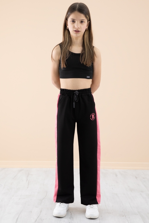 Siyah Garnili Geniş Paça Kız Çocuk Beli Lastikli Eşofman Altı 20198