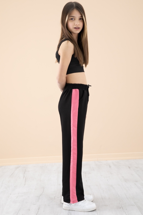 Siyah Garnili Geniş Paça Kız Çocuk Beli Lastikli Eşofman Altı 20198