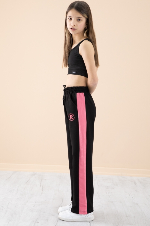 Siyah Garnili Geniş Paça Kız Çocuk Beli Lastikli Eşofman Altı 20198