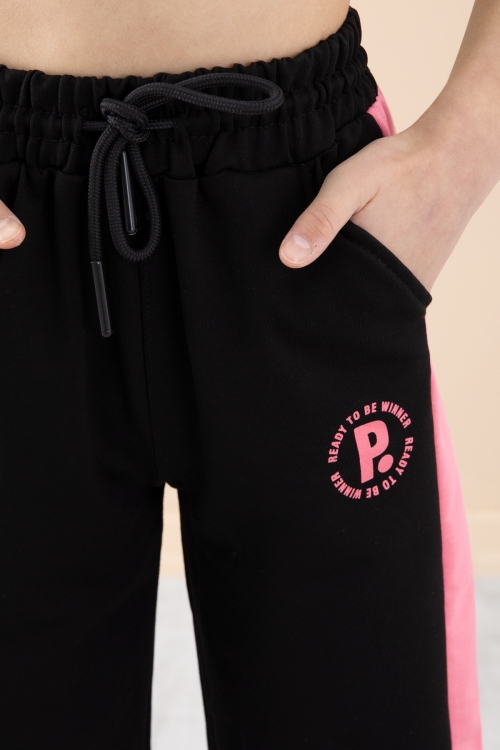 Siyah Garnili Geniş Paça Kız Çocuk Beli Lastikli Eşofman Altı 20198