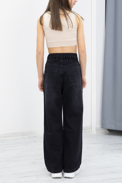 Siyah Geniş Paça Bel Lastikli Kız Çocuk Jean Pantolon 20050