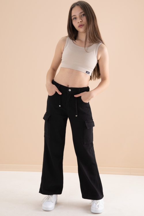 Siyah Geniş Paça Beli Bağcıklı Kız Çocuk Kargo Cepli Jean Pantolon 20132