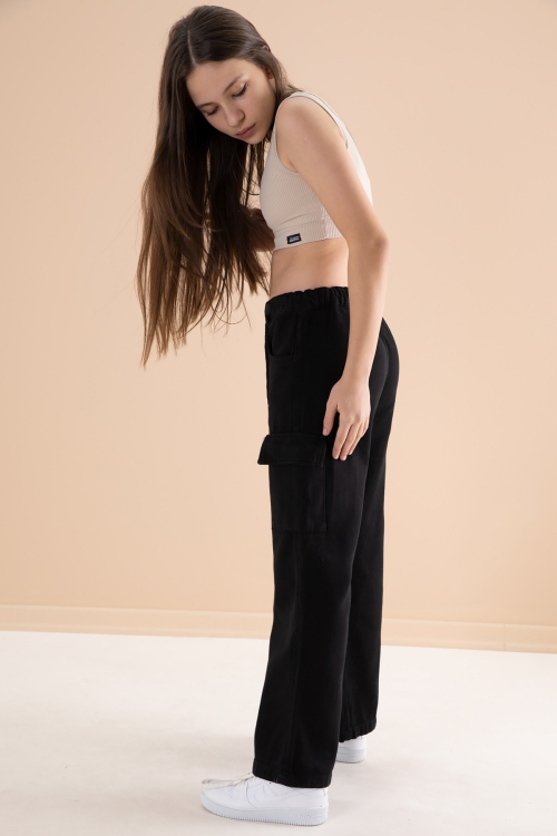 Siyah Geniş Paça Beli Bağcıklı Kız Çocuk Kargo Cepli Jean Pantolon 20132