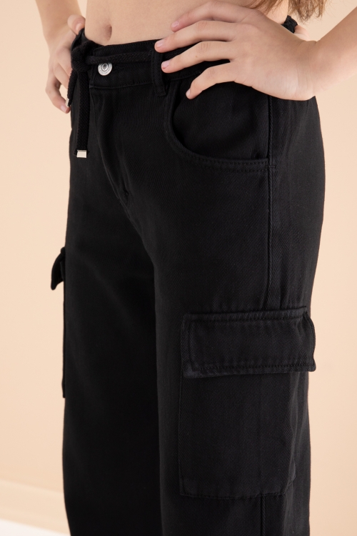 Siyah Geniş Paça Beli Bağcıklı Kız Çocuk Kargo Cepli Jean Pantolon 20132