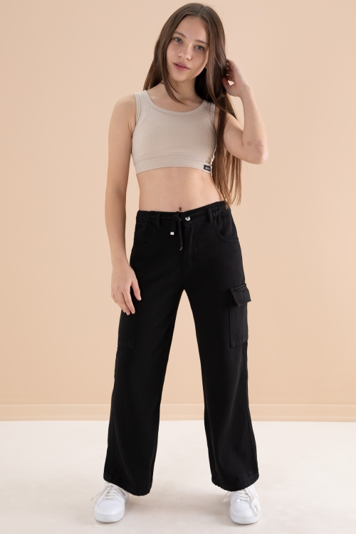 Siyah Geniş Paça Beli Bağcıklı Kız Çocuk Kargo Cepli Jean Pantolon 20132