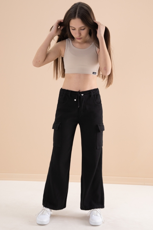 Siyah Geniş Paça Beli Bağcıklı Kız Çocuk Kargo Cepli Jean Pantolon 20132