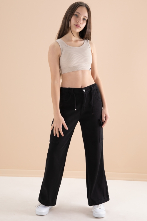 Siyah Geniş Paça Beli Bağcıklı Kız Çocuk Kargo Cepli Jean Pantolon 20132