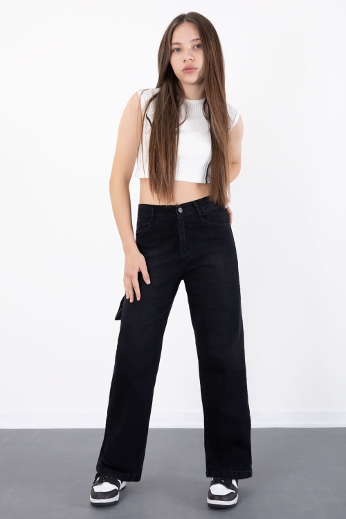 Siyah Geniş Paça Beli Lastikli Kız Çocuk Jean Pantolon 20484