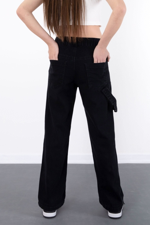 Siyah Geniş Paça Beli Lastikli Kız Çocuk Jean Pantolon 20484