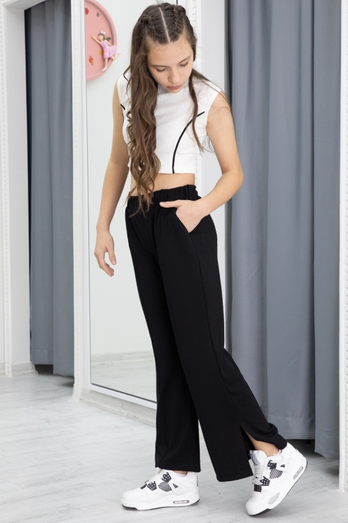 Siyah Geniş Paça Yırtmaçlı Kız Çocuk Pantolon 20283