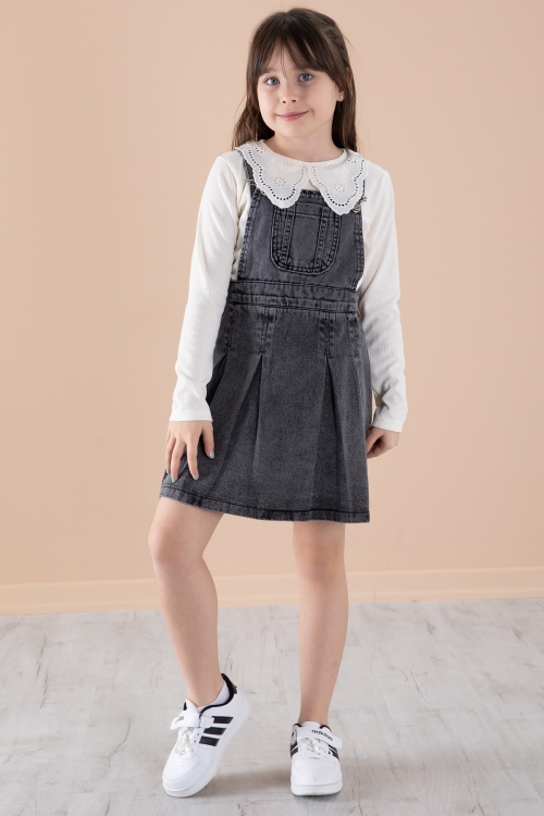 Siyah Jean Salopetli ve Dantel Badili Kız Çocuk 2li Takım