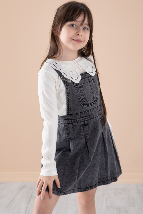 Siyah Jean Salopetli ve Dantel Badili Kız Çocuk 2li Takım