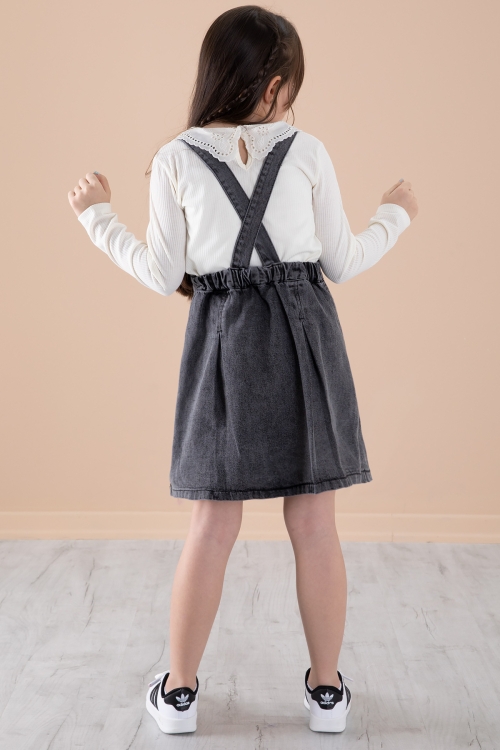 Siyah Jean Salopetli ve Dantel Badili Kız Çocuk 2li Takım