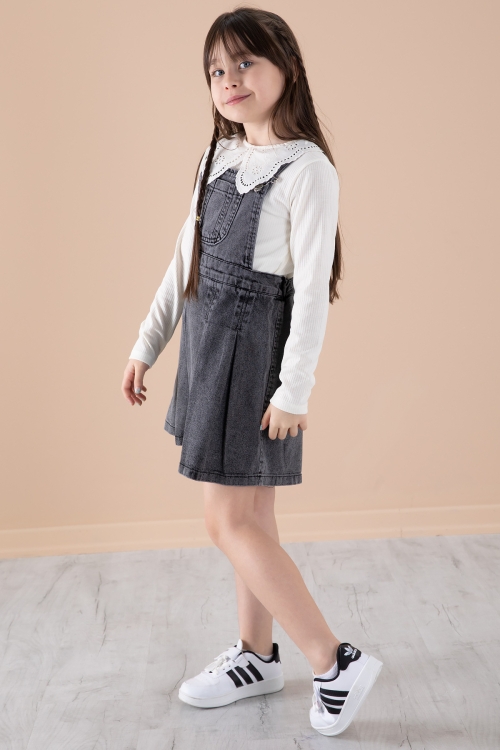 Siyah Jean Salopetli ve Dantel Badili Kız Çocuk 2li Takım