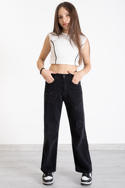 Siyah Kalp Nakış Detaylı Geniş Paça Kız Çocuk Jean Pantolon 20361