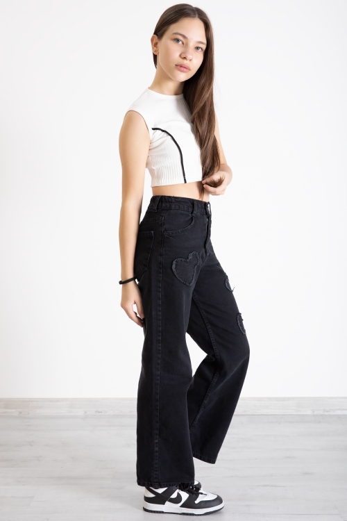 Siyah Kalp Nakış Detaylı Geniş Paça Kız Çocuk Jean Pantolon 20361