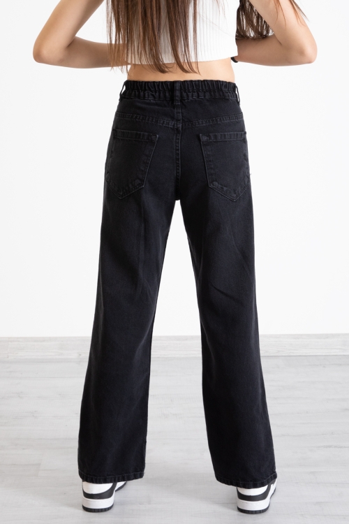 Siyah Kalp Nakış Detaylı Geniş Paça Kız Çocuk Jean Pantolon 20361