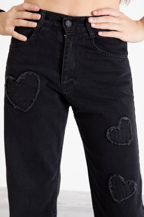 Siyah Kalp Nakış Detaylı Geniş Paça Kız Çocuk Jean Pantolon 20361