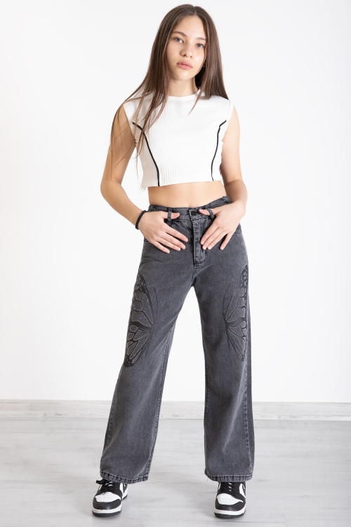 Siyah Kelebek Baskı Geniş Paça Kız Çocuk Jean Pantolon 20275