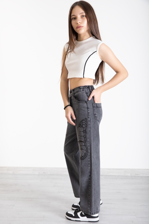 Siyah Kelebek Baskı Geniş Paça Kız Çocuk Jean Pantolon 20275