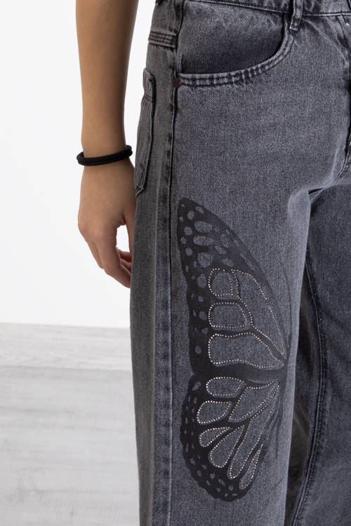 Siyah Kelebek Baskı Geniş Paça Kız Çocuk Jean Pantolon 20275