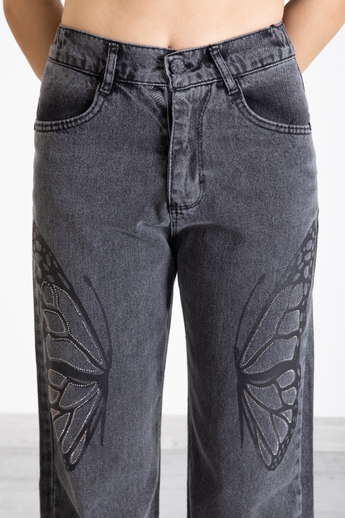 Siyah Kelebek Baskı Geniş Paça Kız Çocuk Jean Pantolon 20275