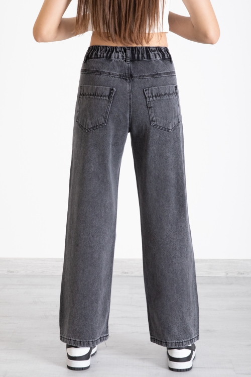 Siyah Kelebek Baskı Geniş Paça Kız Çocuk Jean Pantolon 20275