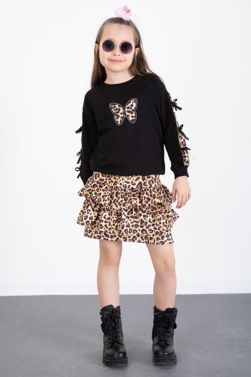 Siyah Kelebek Desenli Badili Leopar Etekli Kız Çocuk Alt Üst Takım 20521
