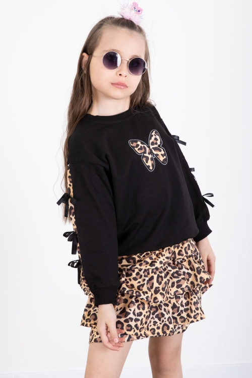 Siyah Kelebek Desenli Badili Leopar Etekli Kız Çocuk Alt Üst Takım 20521
