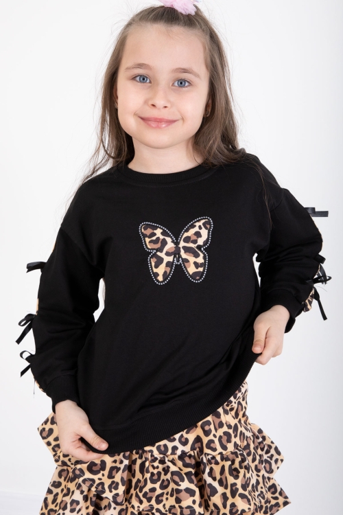 Siyah Kelebek Desenli Badili Leopar Etekli Kız Çocuk Alt Üst Takım 20521