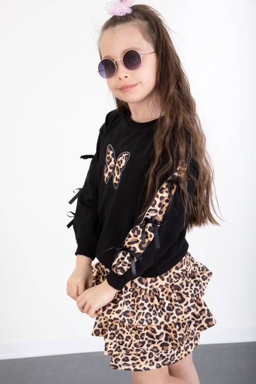 Siyah Kelebek Desenli Badili Leopar Etekli Kız Çocuk Alt Üst Takım 20521