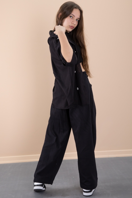 Siyah Kız Çocuk Croplu Taşlı Gömlek ve Pantolonlu 3lü Takım 20471