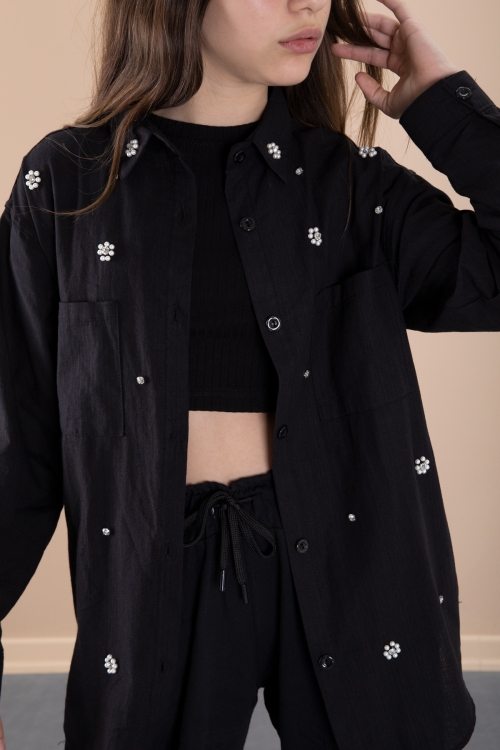 Siyah Kız Çocuk Croplu Taşlı Gömlek ve Pantolonlu 3lü Takım 20471