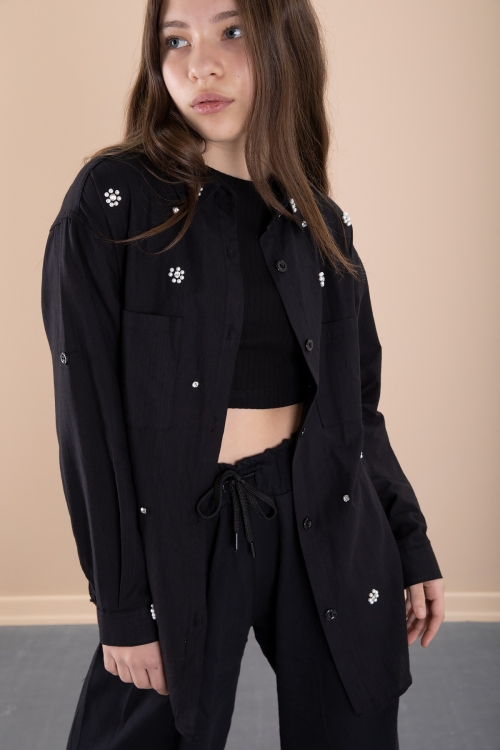 Siyah Kız Çocuk Croplu Taşlı Gömlek ve Pantolonlu 3lü Takım 20471